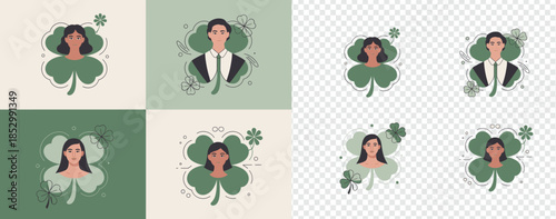 Diverse cartoon faces of men and women are surrounded by green shamrock leaves