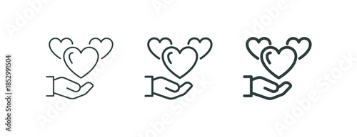 Giving charity message love and care, caring hands donation outline icon. Minimalist line sign heart in hand, hand holding three symbols hearts. Vector isolated pictogram for web and app.