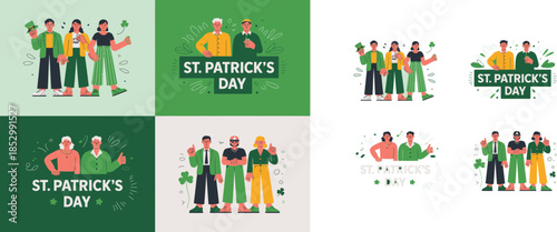 Diverse groups of people holding shamrocks and money, celebrating St Patricks Day with festive text overlays