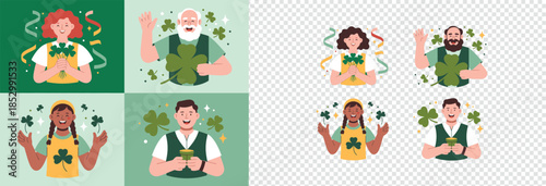 Diverse happy people celebrate St Patricks Day with shamrocks confetti and festive beverages