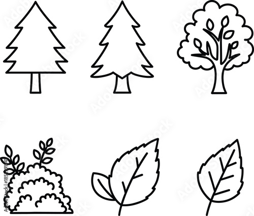 A minimalist black line drawing of minimal trees and various leaves on a clean white background with a simple graphic design style.