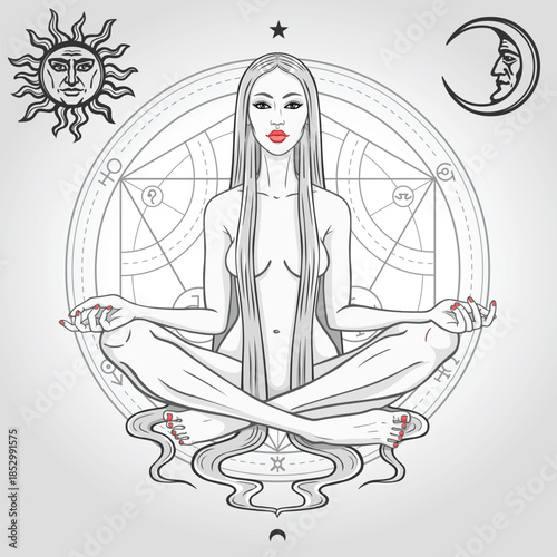 Beautiful young girl sits in a lotus position. Background - circle of transformations, moon and sun.. Vector illustration.