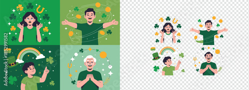 Diverse individuals experiencing wonder and luck surrounded by St Patricks Day symbols