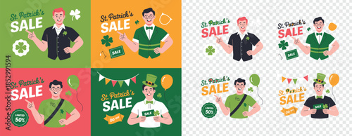 Diverse men happily promote St Patricks Day limited time sales with clovers and festive party items