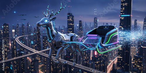 Metallic robot reindeer pulls futuristic sleigh above sci-fi city at night