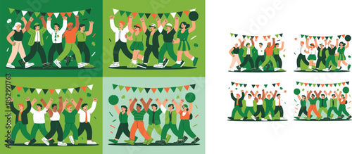 Energetic cartoon people celebrate St Patricks Day walking together under festive green pennant banners