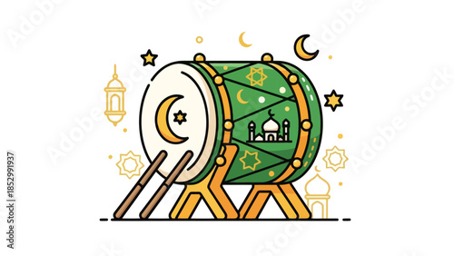 Cultural celebration featuring traditional drum with Islamic architectural
