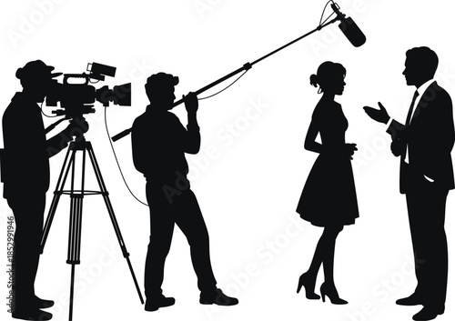 Television interview silhouettes with cameraman boom operator reporter and guest black vector illustration isolated on white background media production studio