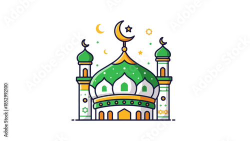 Stylized Islamic Mosque Illustration with Crescent Moons and Star Elements for