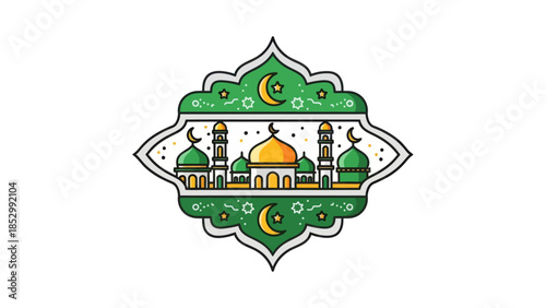 Stylized Islamic mosque emblem with crescent moons and stars in vibrant green