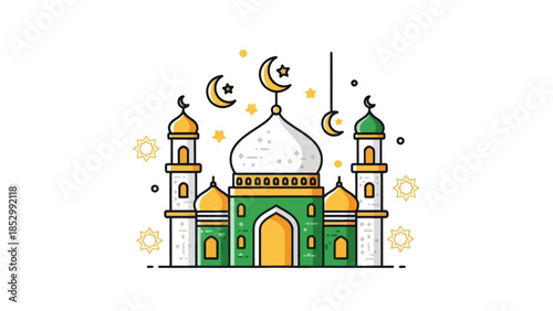 Stylized Islamic mosque illustration with crescent moons and stars for