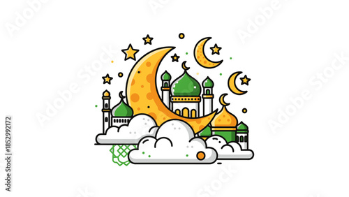 Whimsical Illustration of a Magical Night Sky with Islamic Architectural
