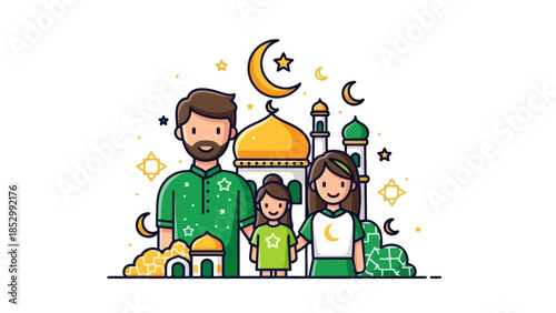 Joyful Family Celebrating Cultural Festival in Front of Iconic Mosque