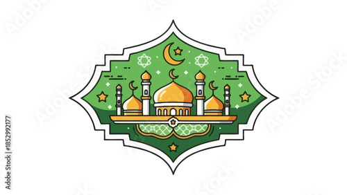 Elegant Islamic Art Illustration Featuring Mosque and Celestial Symbols