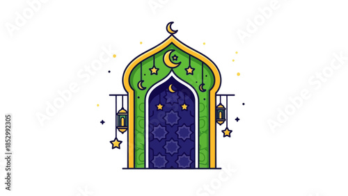 Colorful Islamic-inspired palace archway with hanging lanterns and celestial