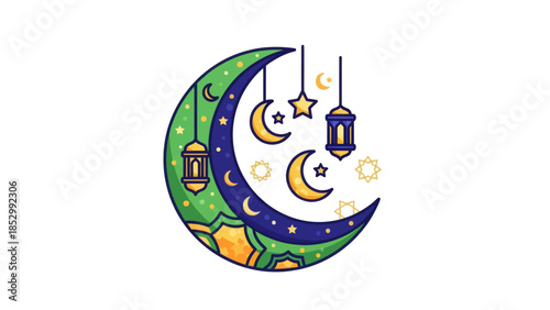 Artistic depiction of crescent moon and hanging lanterns with celestial