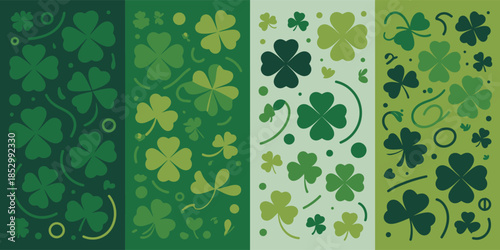 Four distinct vertical patterns filled with various shades of green shamrocks and lucky clovers