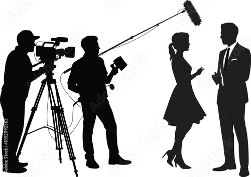 Television interview filming silhouettes showing reporter cameraman sound operator and guests black vector illustration isolated on white background media production