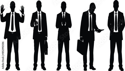 Businessmen silhouette collection showing professional men in suits with briefcases and mobile devices, black vector illustration set for corporate and office designs