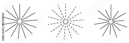 Dashed and dotted line rippled radial rounded circle. Circular line pattern resembling sunshine light rays. Eps 10
