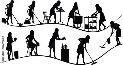 Housekeeping and cleaning service silhouette collection showing women performing household chores, black vector illustration set for domestic work designs