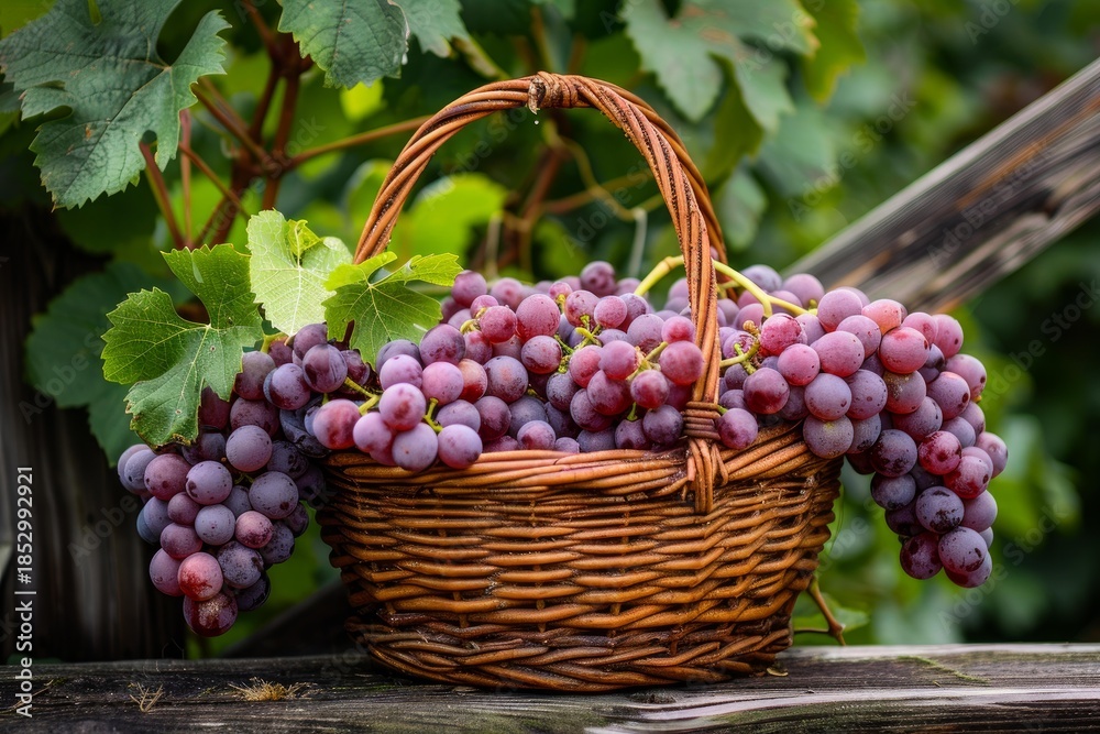 Fototapeta premium Wicker basket full of ripe red grapes with vine leaves, freshly harvested in a vineyard, representing winemaking and autumn harvest