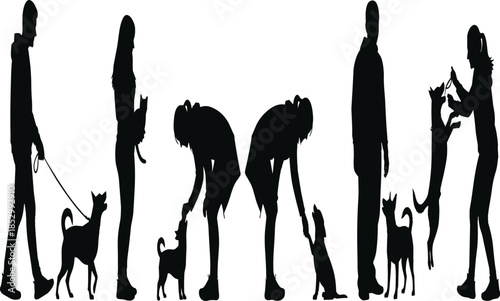 People interacting with dogs silhouette collection showing walking, training and playing with pets, black vector illustration set for animal and lifestyle designs