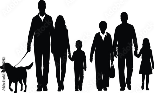 Family walking silhouette collection with parents children and dog, black vector illustration representing togetherness, lifestyle and everyday outdoor activities