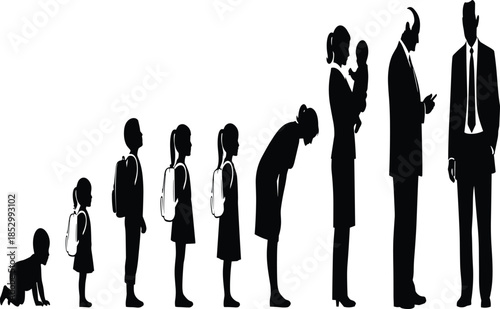 Human life stages silhouette collection showing growth from childhood to adulthood, family and career progression, black vector illustration set for education and lifestyle designs
