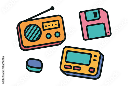 Retro 90s technology icons with radio floppy disk and pager illustration
