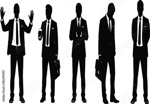 Businessmen silhouette collection showing professional men in suits with briefcases and gestures, black vector illustration set for corporate designs