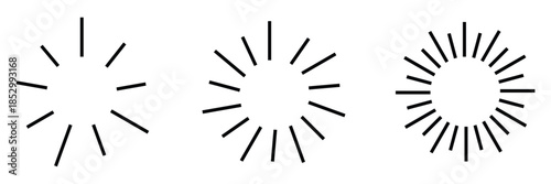 Dashed and dotted line rippled radial rounded circle. Circular line pattern resembling sunshine light rays. Eps 10