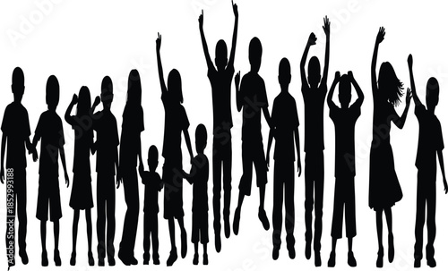 Happy people silhouette collection showing group celebration, joy and togetherness with raised hands, black vector illustration set for community and lifestyle designs