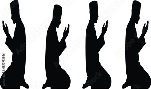 Muslim men praying silhouette collection showing kneeling worship poses during Islamic prayer, black vector illustration set for religion and spiritual designs