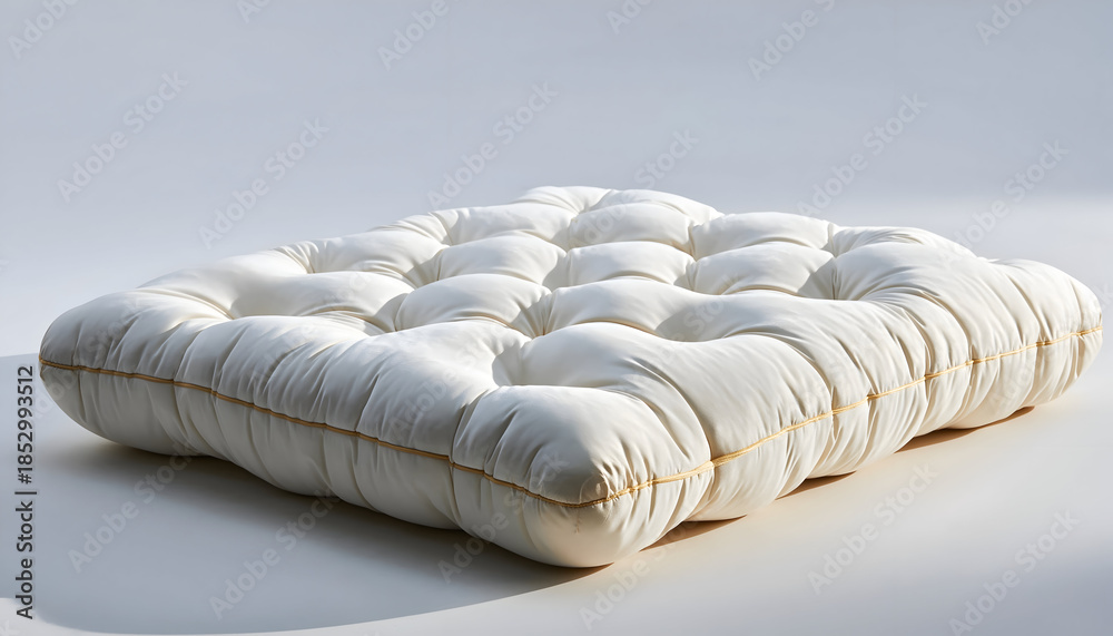 Naklejka premium Soft White Mattress with Golden Stitching Detail on a Clean White Background with Natural Light Casting Shadows Creating a Comfortable and Inviting Atmosphere
