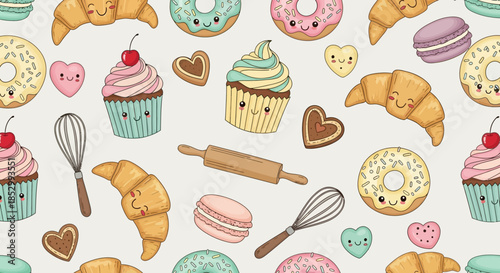 Adorable Baking Pattern Featuring Kawaii Desserts and Utensils for Sweet Themed Designs
