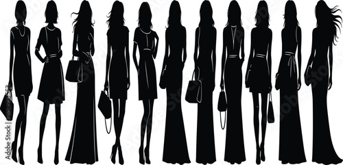 Elegant women fashion silhouette collection showcasing stylish female poses with handbags and dresses, black vector illustration set for modern design projects