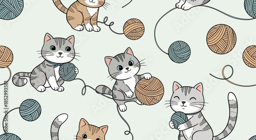 Adorable kitten pattern featuring cute cartoon cats playing with colorful yarn balls
