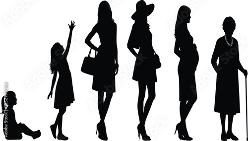 Female life stages silhouette collection showing growth from childhood to motherhood and old age, black vector illustration set for family and lifestyle designs