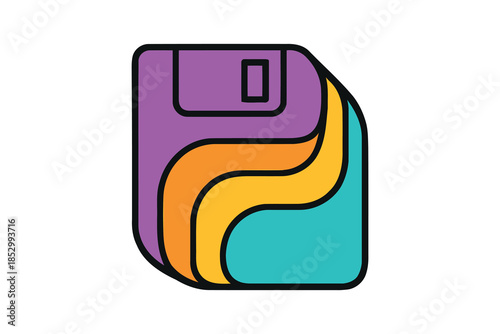 Stylized retro floppy disk icon with colorful layered wave design