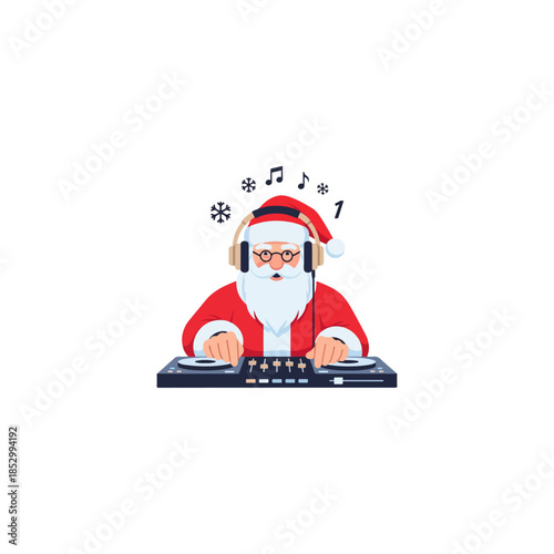 Santa Claus as a DJ with headphones and a mixer, ready to spin some festive tunes.
