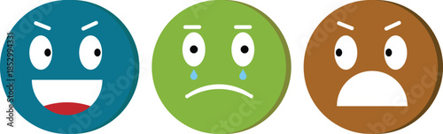 Three cartoon faces depicting different emotions: happy, sad, and angry, on a white background.