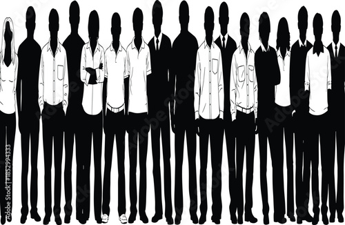 Group of people silhouette collection showing diverse professionals standing together, unity and teamwork concept, black vector illustration set for corporate and social designs