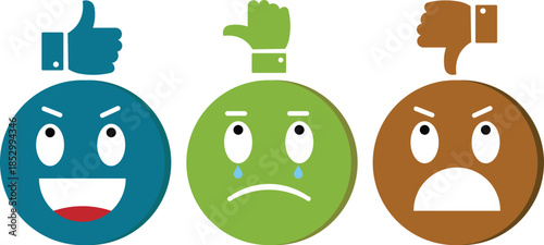 Three emoji-like faces depicting happiness with thumbs-up, sadness with a neutral gesture, and anger with thumbs-down, representing feedback and emotional states.