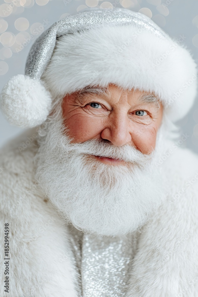 Obraz premium An elderly Caucasian man with a white beard and blue eyes wears a silver Santa Claus hat and a fluffy white coat. The background is frosty and festive, evoking Christmas spirit.