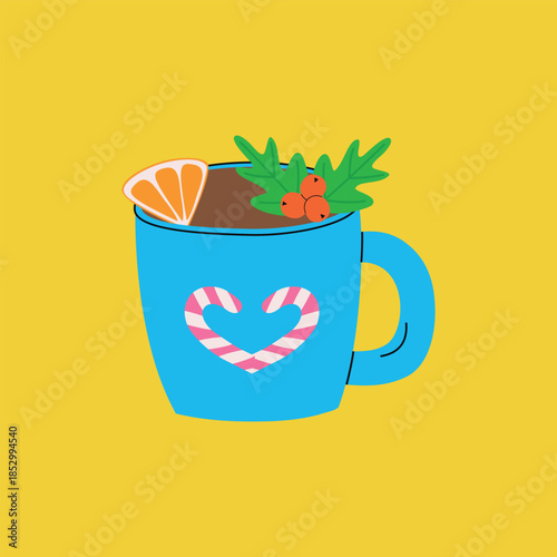 A cup of Christmas hot chocolate. Winter mug of hot Christmas drink in flat style. Vector illustration.