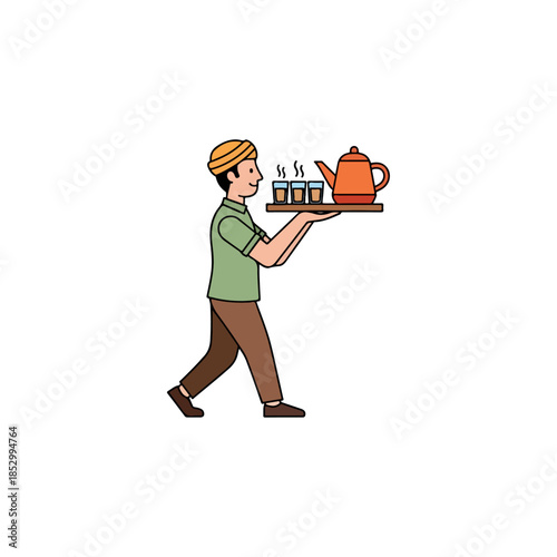 Cartoon waiter carrying a tea service on a tray.