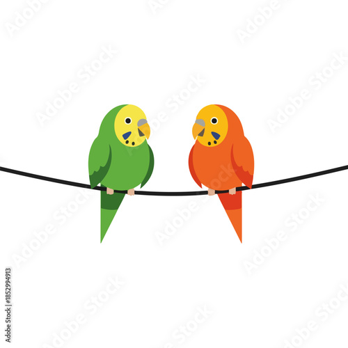 Two Parrots Perched on a Wire Together.