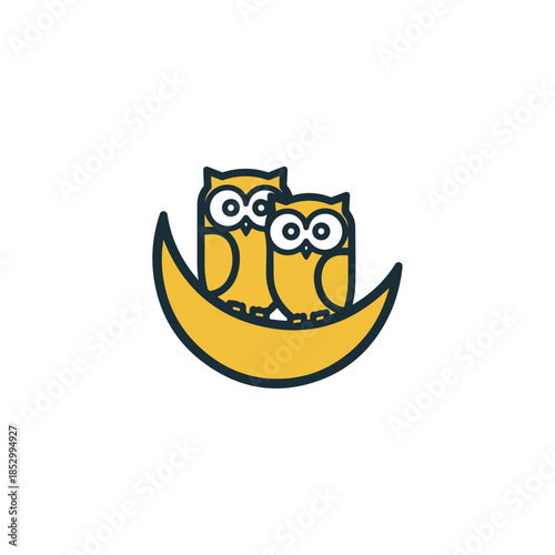 Two Owls Perched On A Crescent Moon.