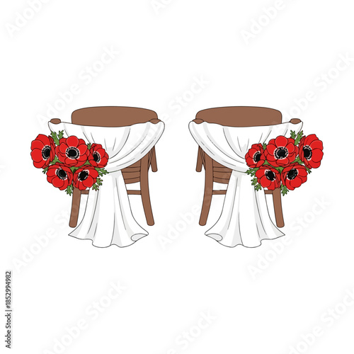 Two wedding chairs draped in white fabric adorned with red flowers.
